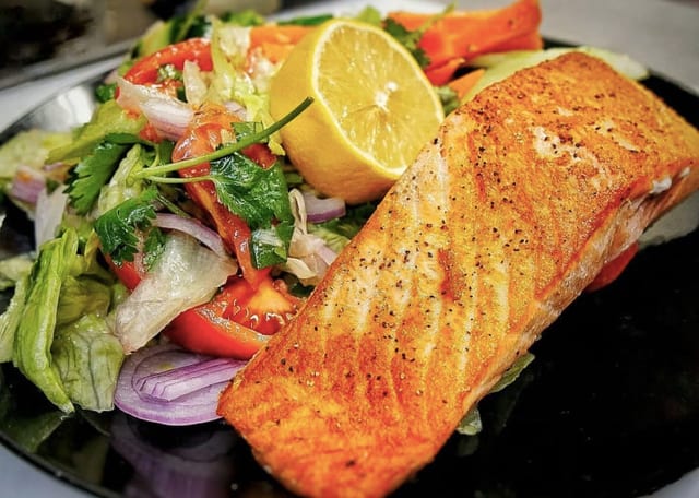 Salmon Steak with Veggies & Rice.