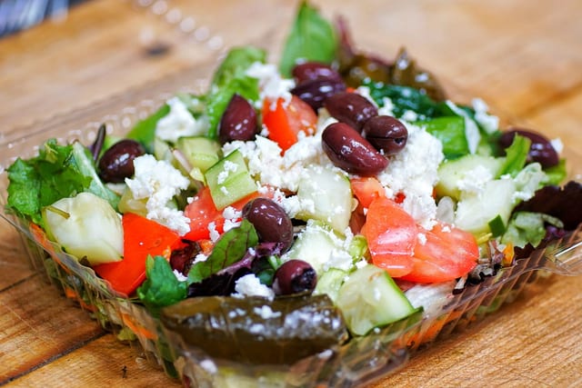 25s. Greek Salad with grilled flamed chicken.