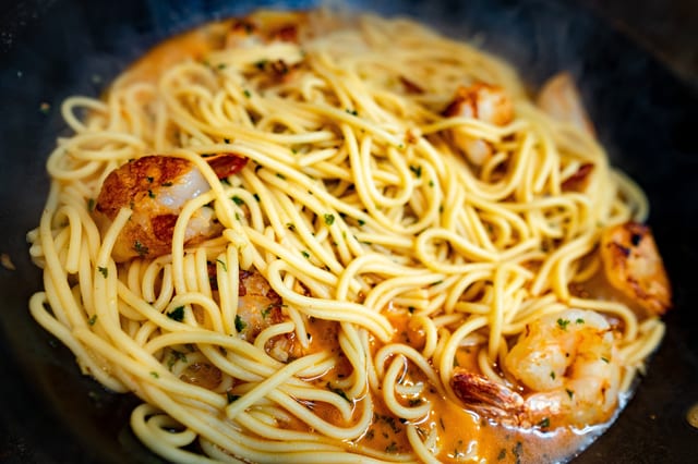Shrimp Scampi Over Penny Ala Vodka.